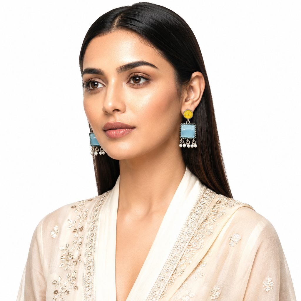 Raannii Earrings Blue Stone Pearl Drop Statement Earrings for Women