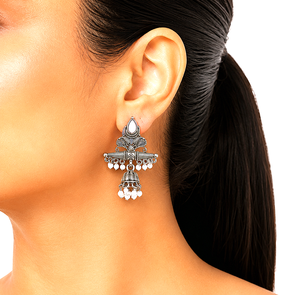 Raannii Earrings Turquoise Stone Pearl Jhumki Oxidised Earrings for Women