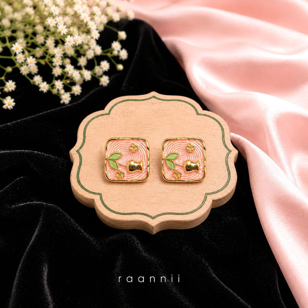 Raannii Pink Enamel Square Bird Stud Earrings for Women