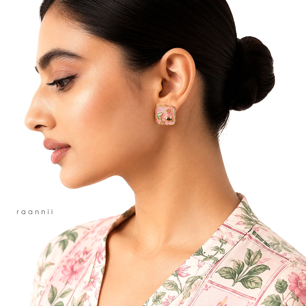 Raannii Pink Enamel Square Bird Stud Earrings for Women