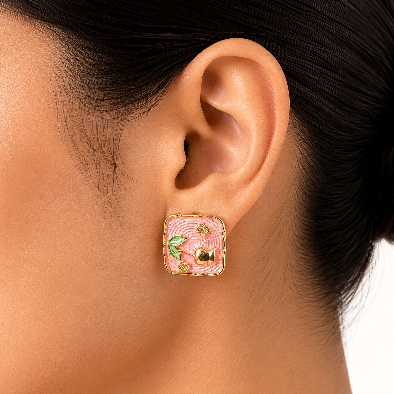 Raannii Pink Enamel Square Bird Stud Earrings for Women