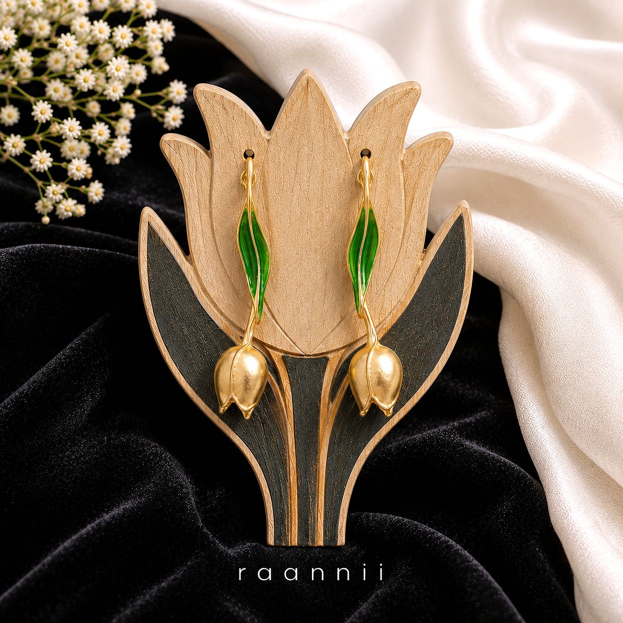 Raannii Gold Tulip Drop Earrings with Green Enamel Leaf Design