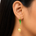 Raannii Gold Tulip Drop Earrings with Green Enamel Leaf Design