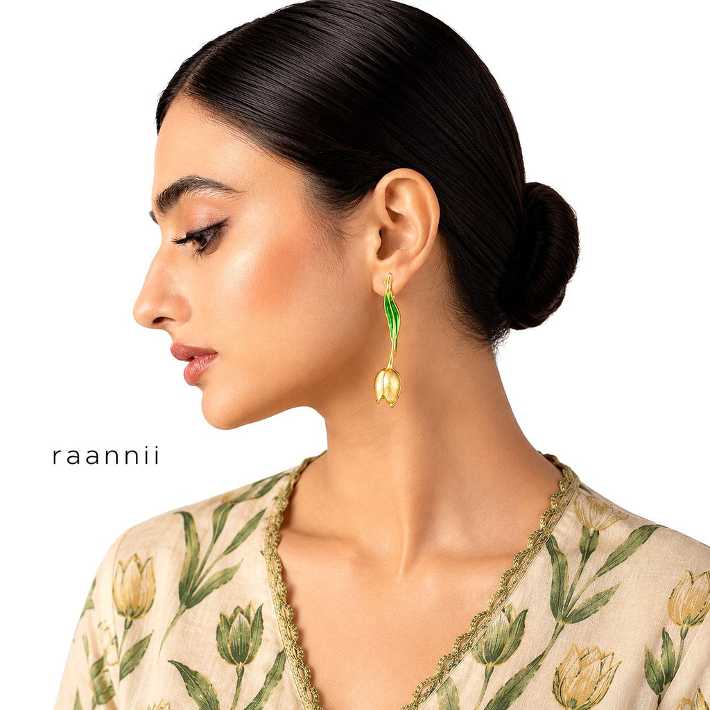 Raannii Gold Tulip Drop Earrings with Green Enamel Leaf Design