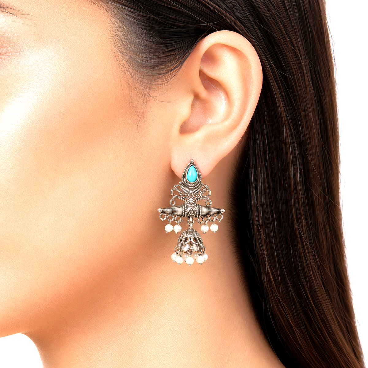 Raannii Earrings Turquoise Stone Pearl Jhumki Oxidised Earrings for Women
