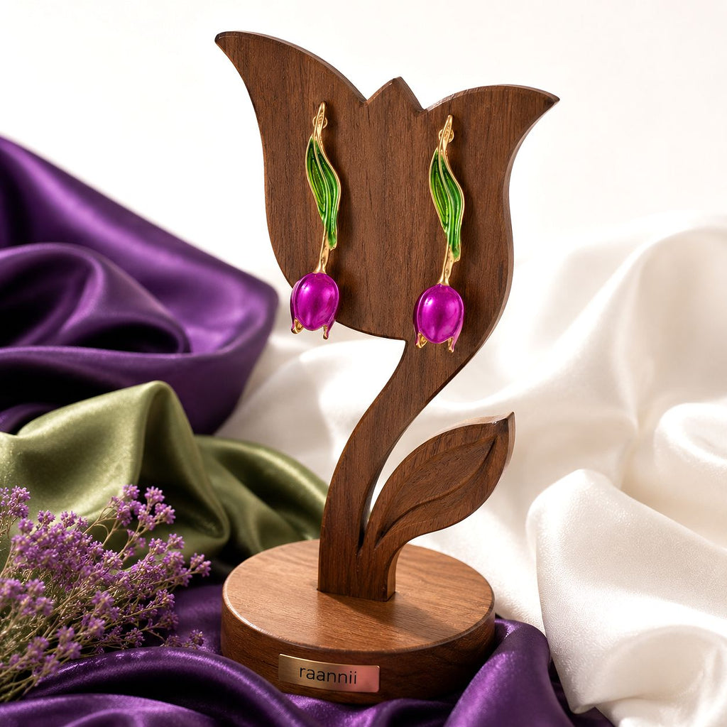 Raannii Pink Tulip Drop Earrings with Green Enamel Leaf