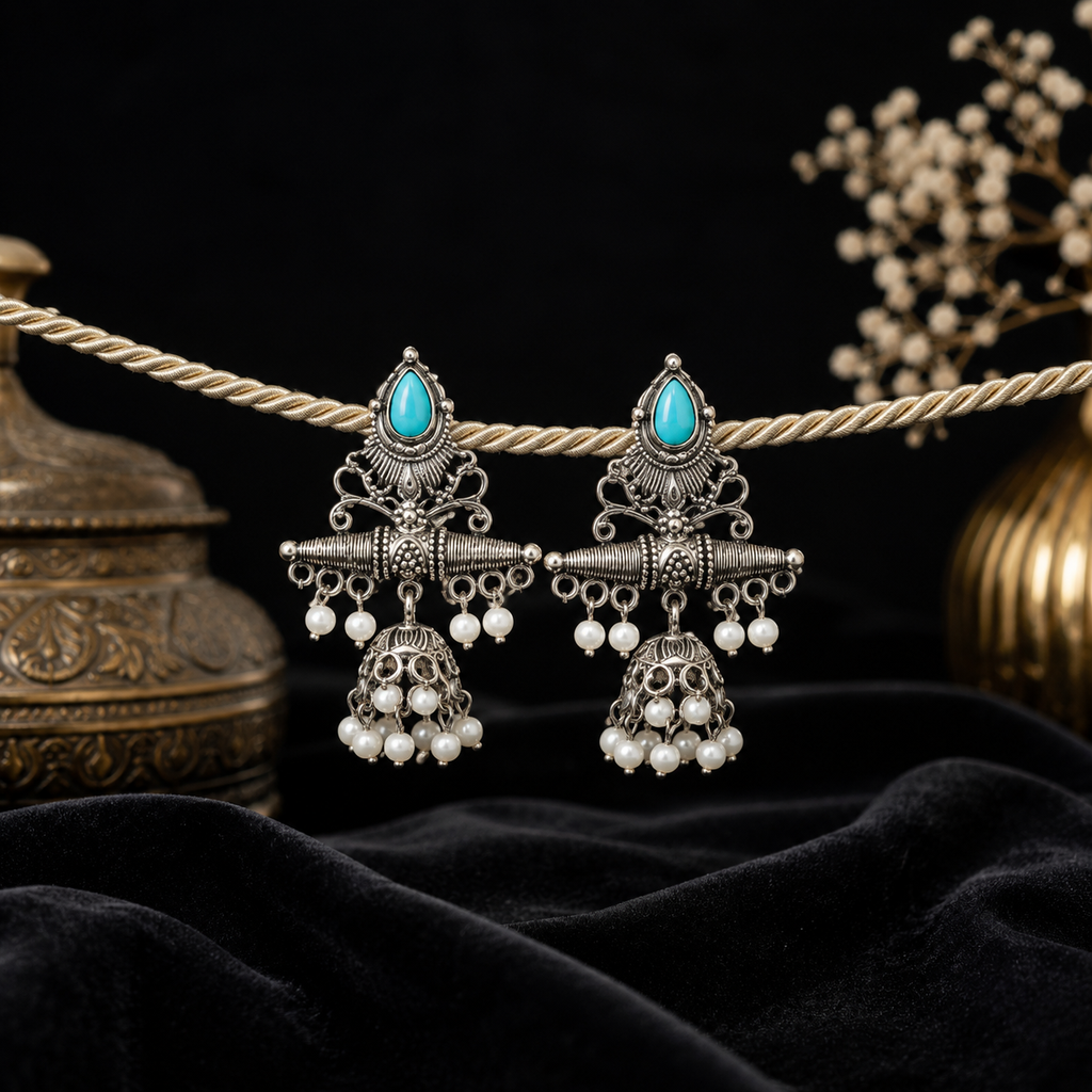 Raannii Earrings Turquoise Stone Pearl Jhumki Oxidised Earrings for Women