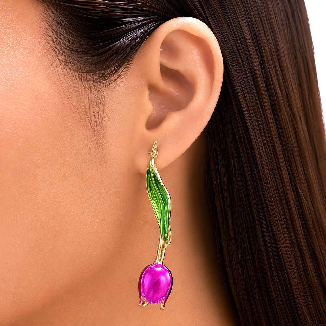Raannii Pink Tulip Drop Earrings with Green Enamel Leaf