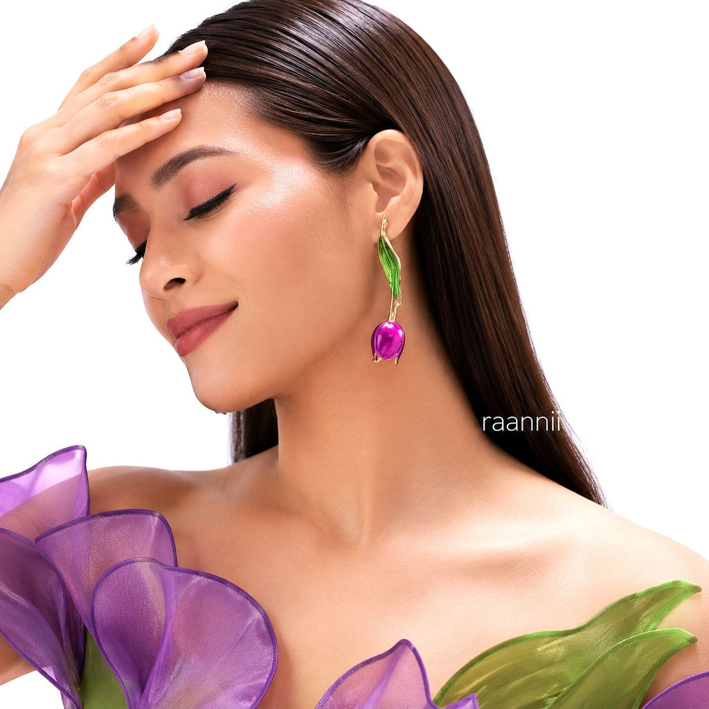 Raannii Pink Tulip Drop Earrings with Green Enamel Leaf