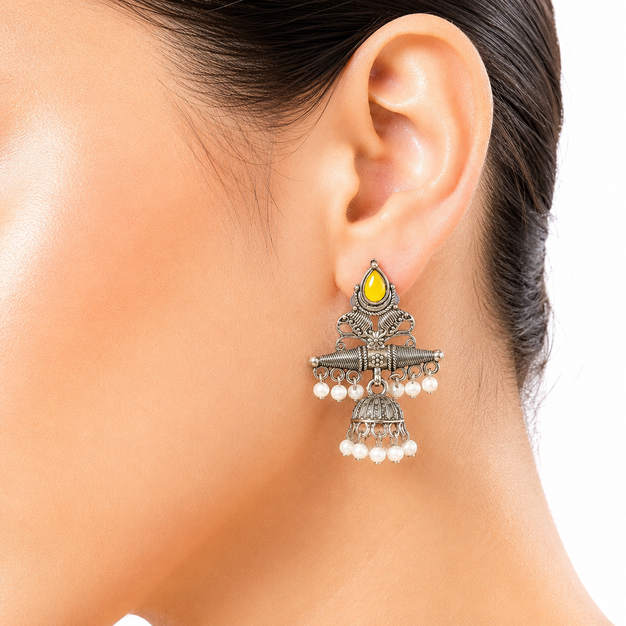 Raannii Earrings Turquoise Stone Pearl Jhumki Oxidised Earrings for Women