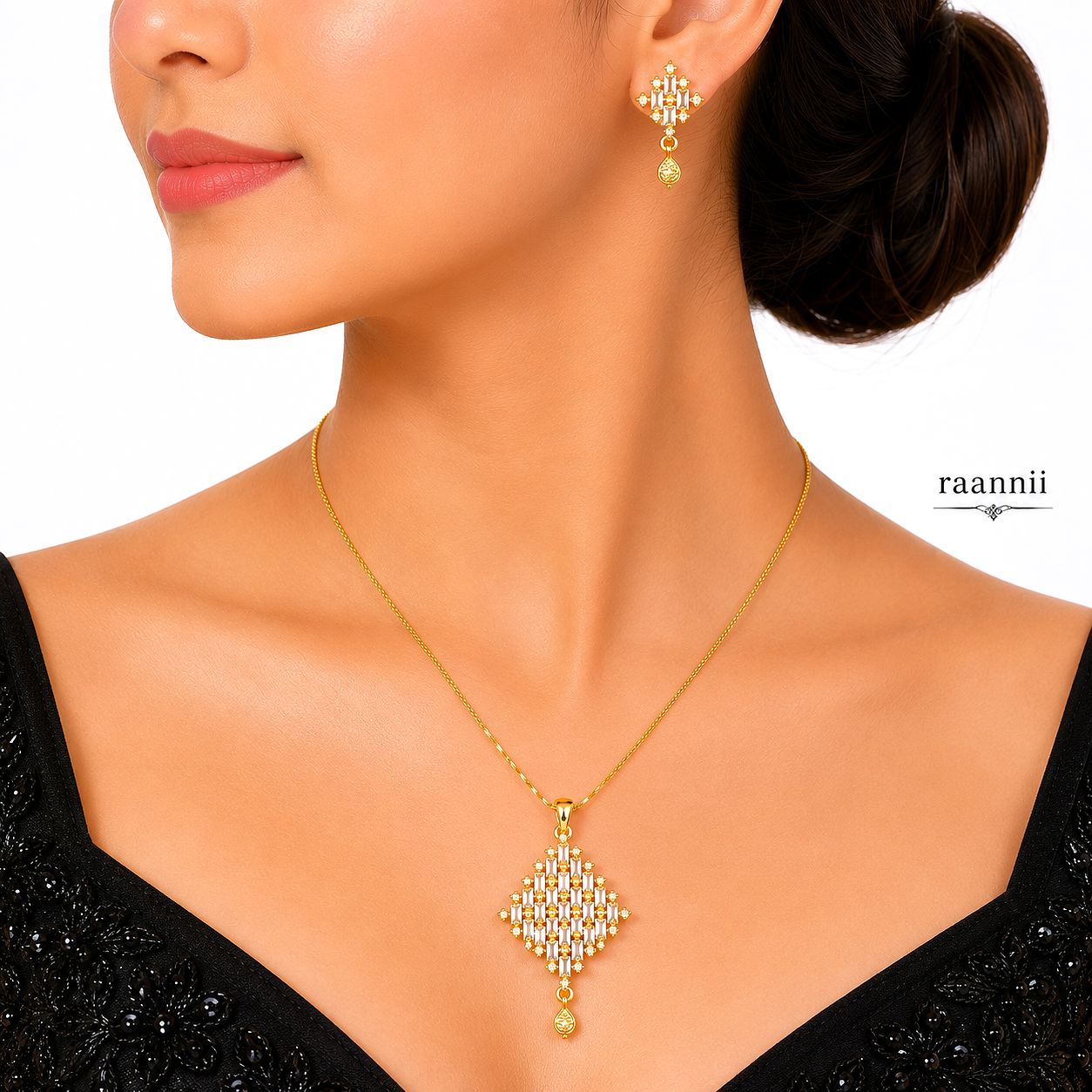 Raannii Jewelry Set Gold Plated Crystal Pendant Necklace and Drop Earrings for Women