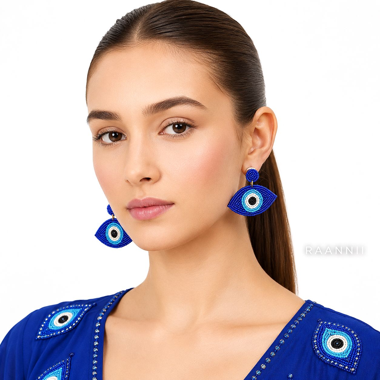 Raannii Blue Evil Eye Beaded Statement Earrings