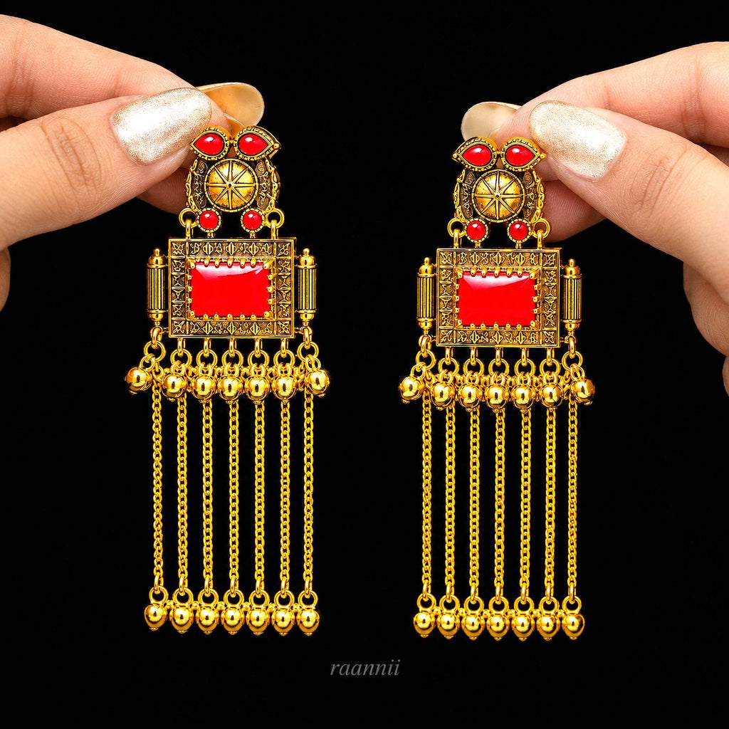 Raannii Earrings – Gold Plated Red Stone Traditional Dangler Earrings with Chain Tassels