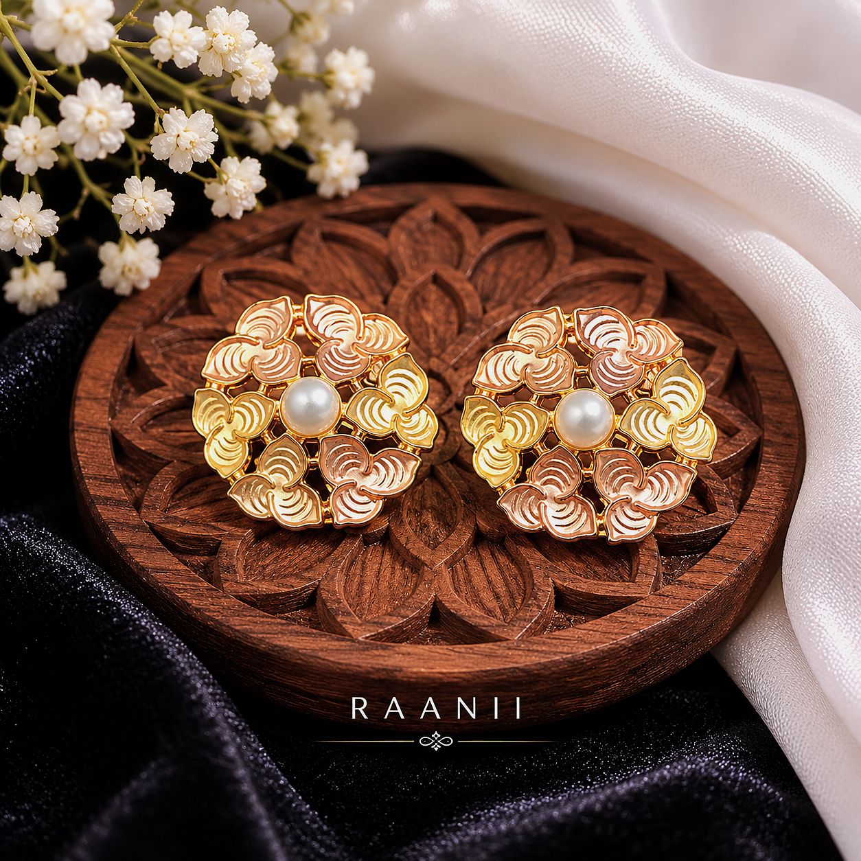 Raannii Pearl Bloom Floral Statement Stud Earrings