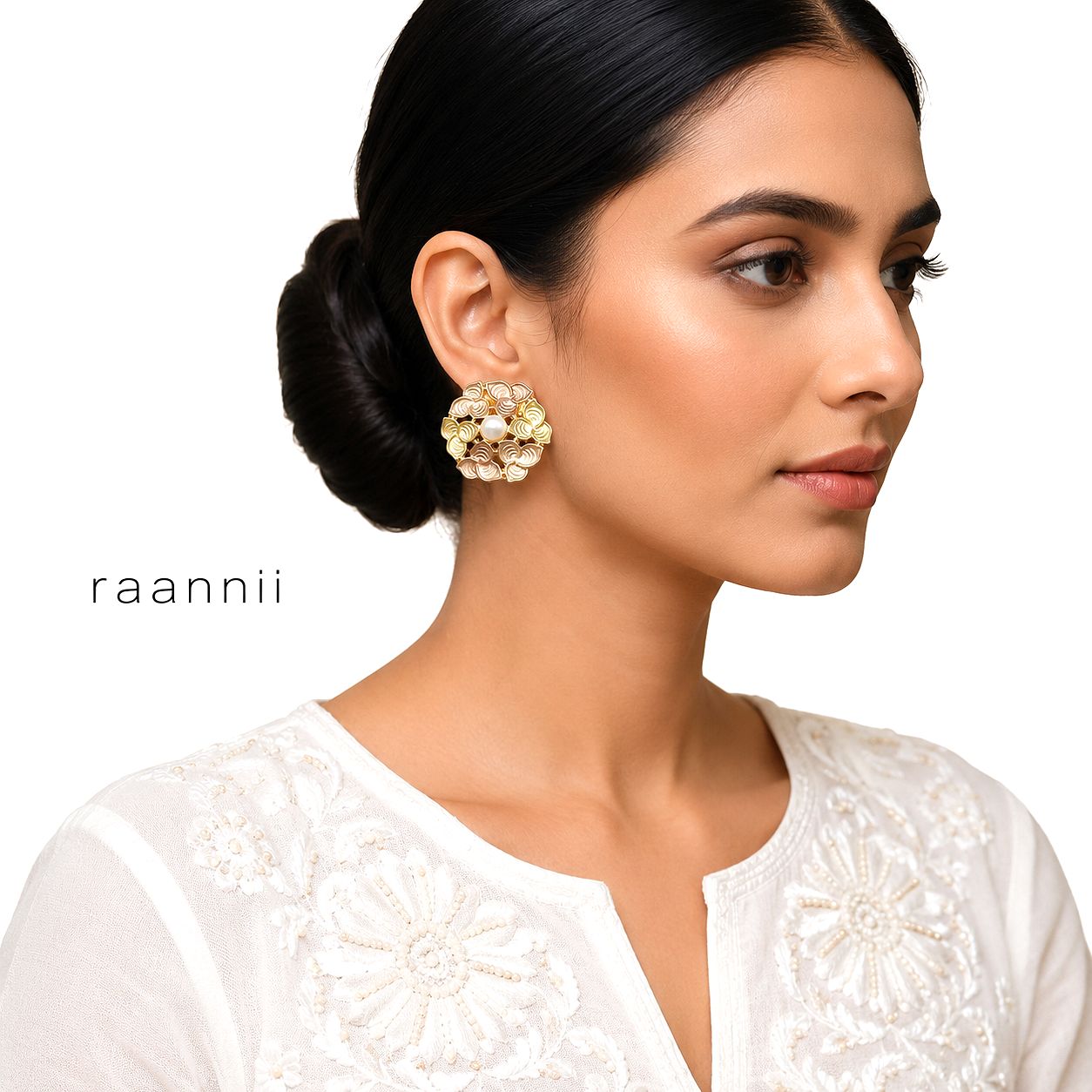 Raannii Pearl Bloom Floral Statement Stud Earrings