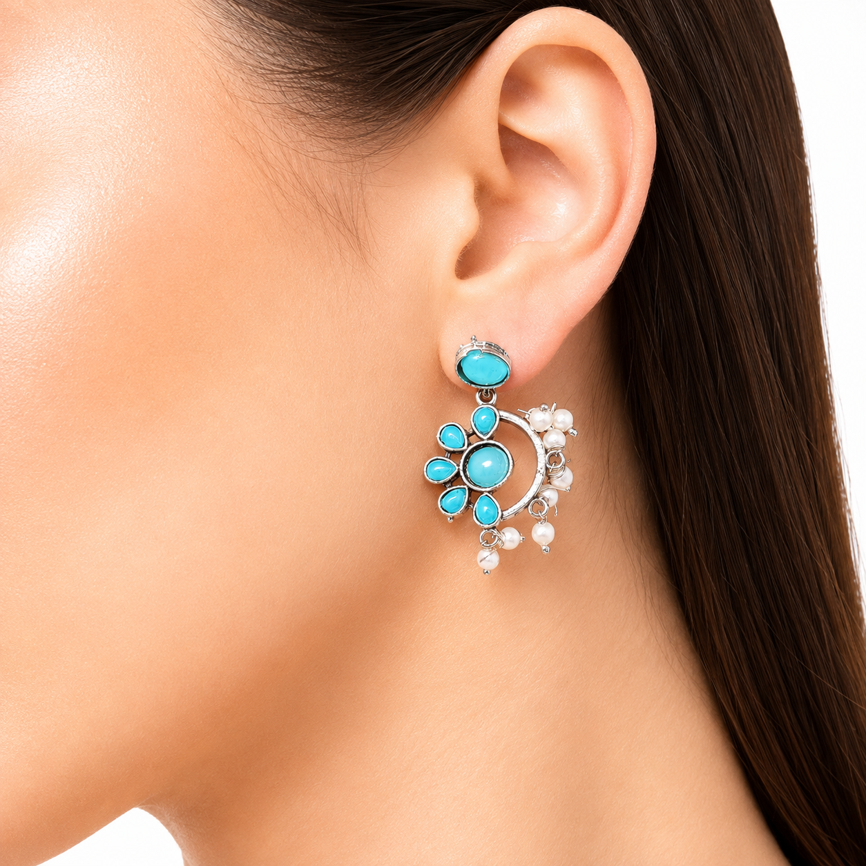 Raannii Earrings Pink Stone Pearl Drop Oxidised Earrings for Women