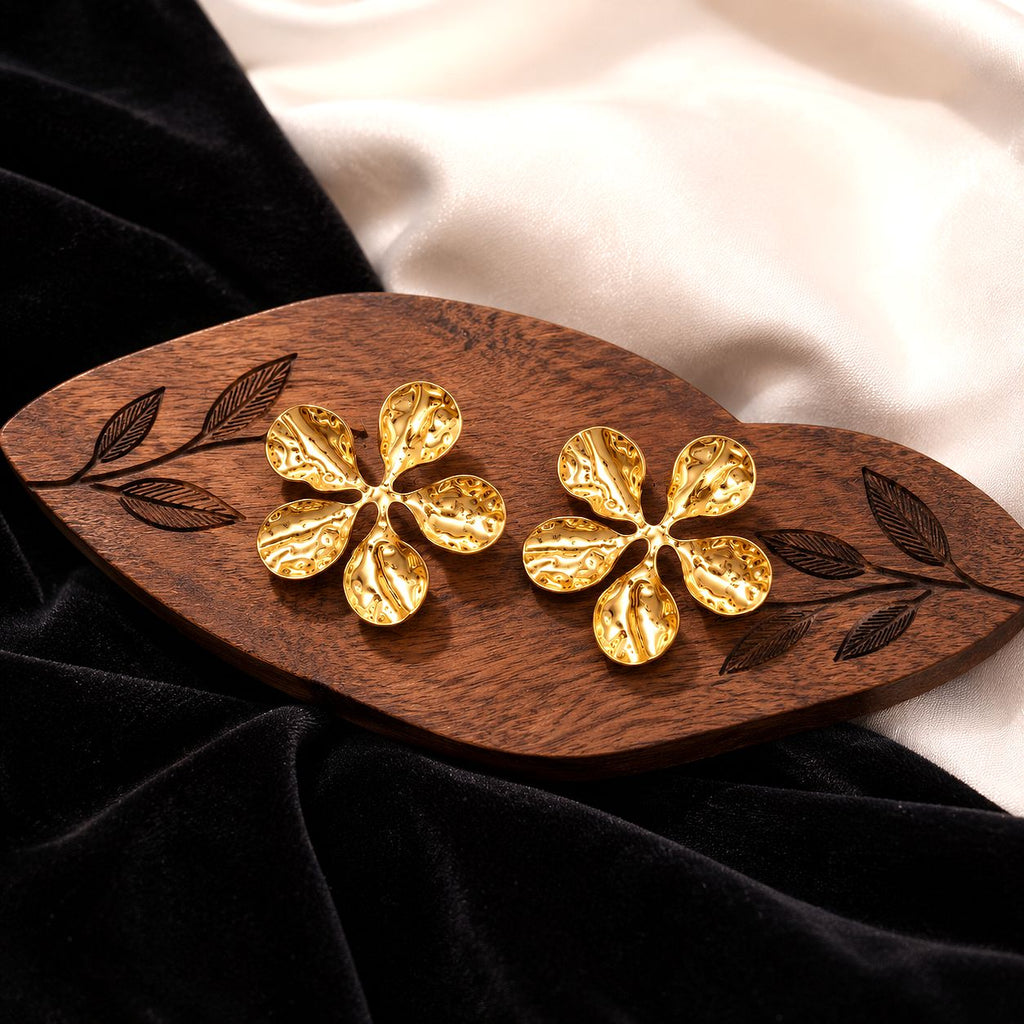 Raannii Gold Bloom Statement Floral Stud Earrings