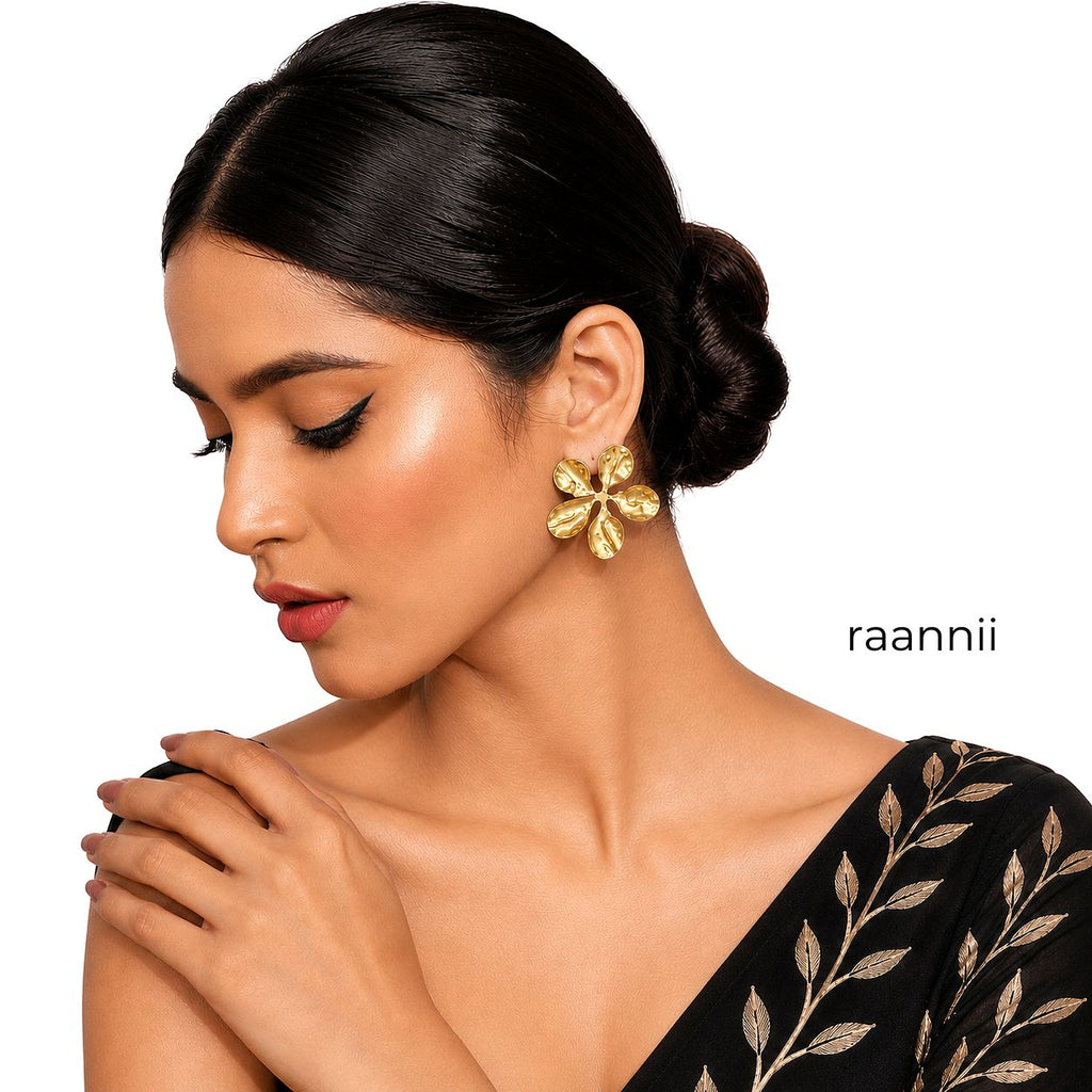 Raannii Gold Bloom Statement Floral Stud Earrings