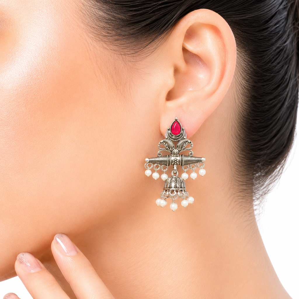 Raannii Earrings Turquoise Stone Pearl Jhumki Oxidised Earrings for Women