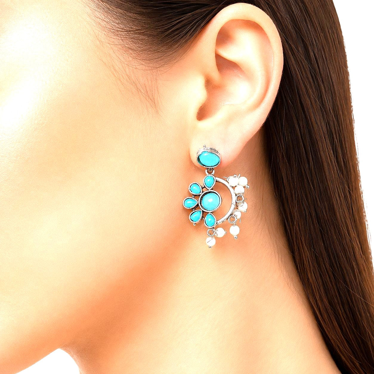 Raannii Earrings Sky Blue Stone Pearl Drop Oxidised Statement Earrings for Women