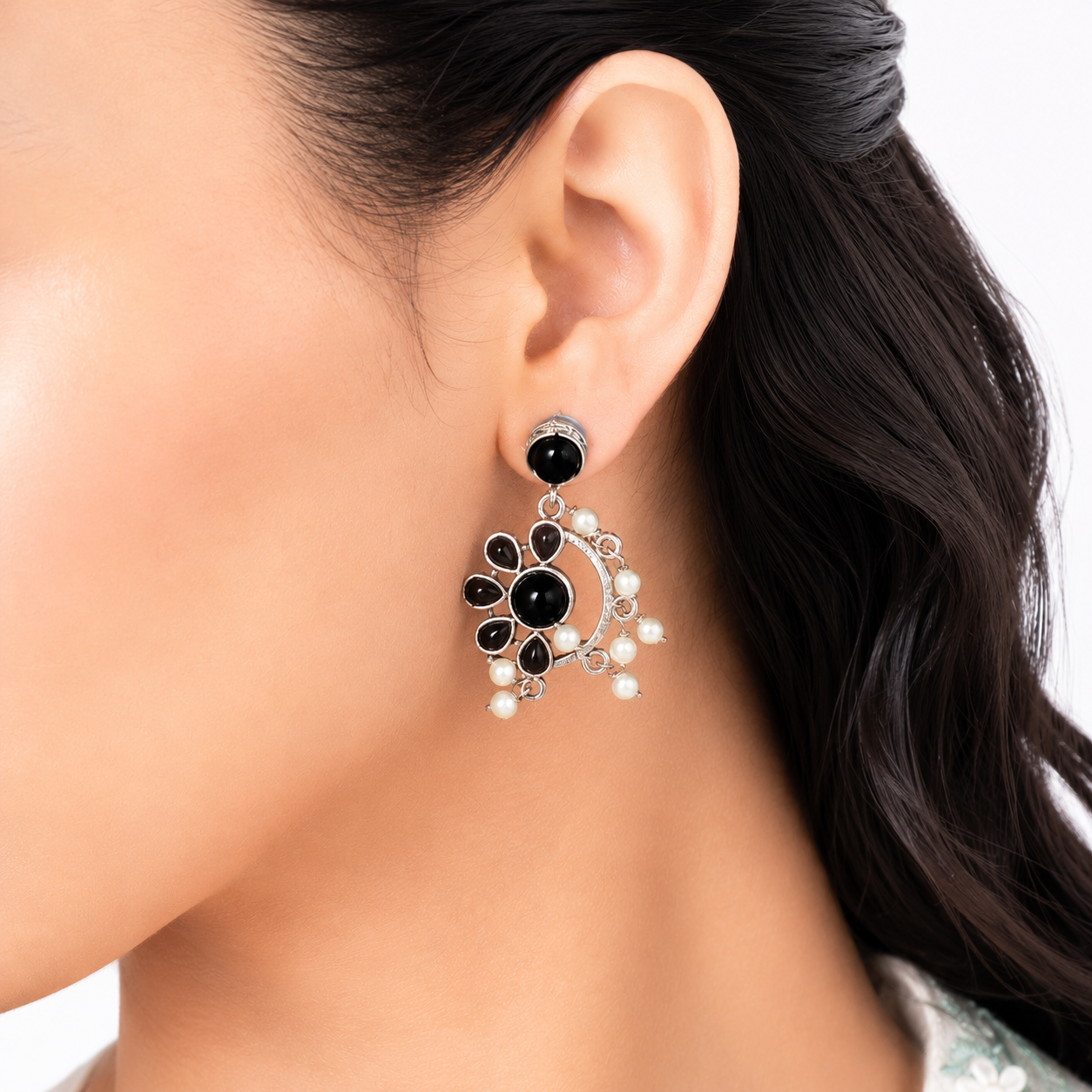 Raannii Earrings Pink Stone Pearl Drop Oxidised Earrings for Women