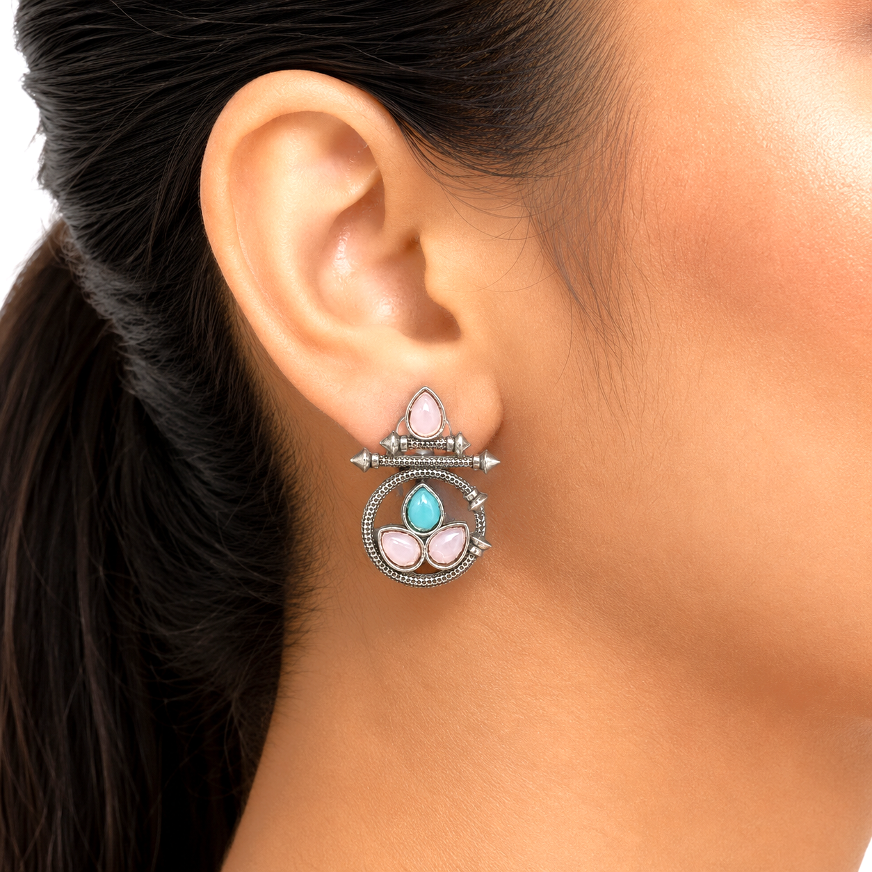 Raannii Earrings Yellow & Sky Blue Stone Oxidised Stud Earrings for Women