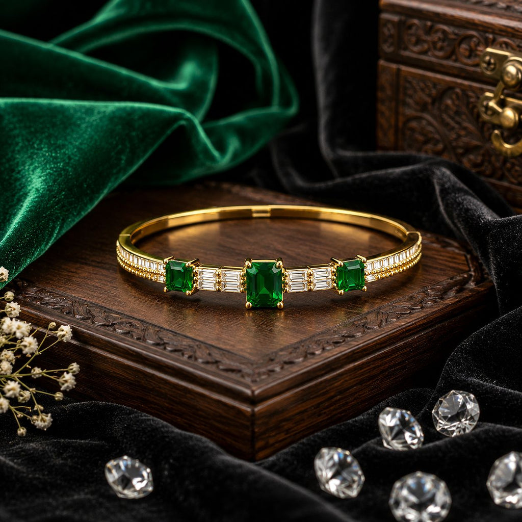 Raannii Bracelet Gold Plated Green Stone Crystal Bracelet for Women Luxury Party Wear Adjustable Bracelet