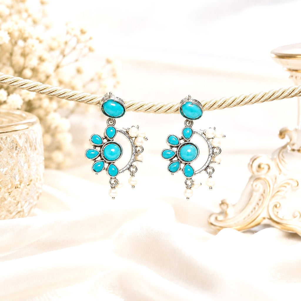Raannii Earrings Sky Blue Stone Pearl Drop Oxidised Statement Earrings for Women