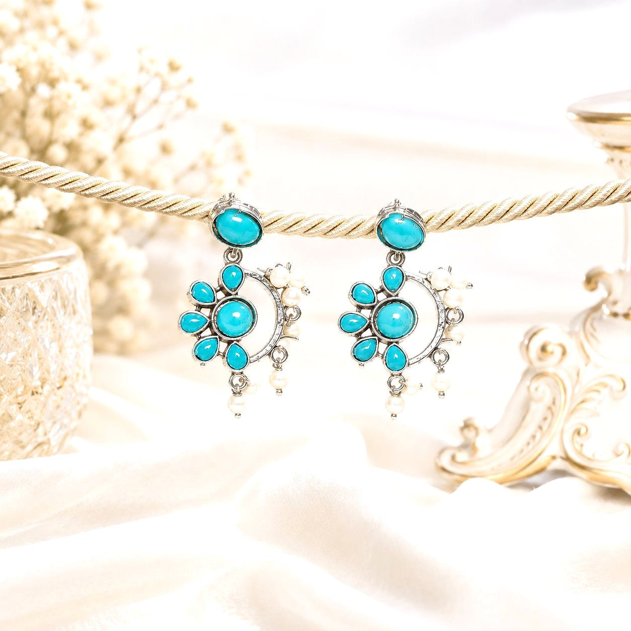 Raannii Earrings Sky Blue Stone Pearl Drop Oxidised Statement Earrings for Women