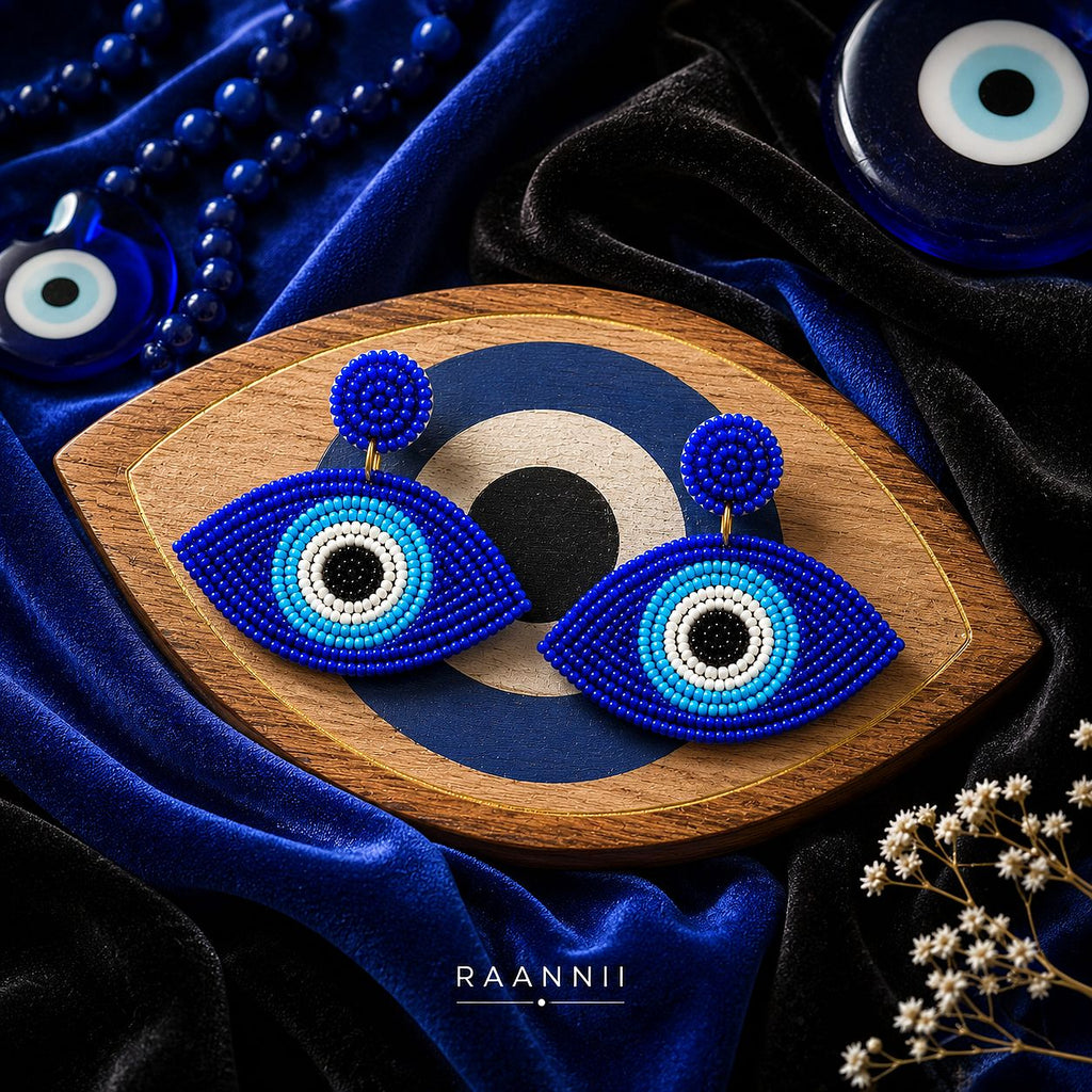 Raannii Blue Evil Eye Beaded Statement Earrings