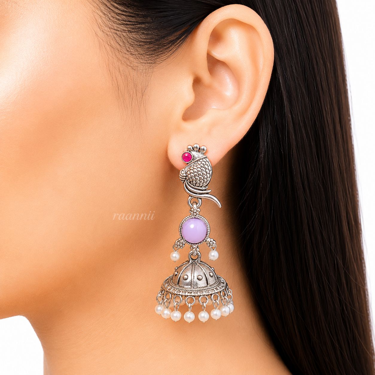 Raannii Earrings Gold Tone Peacock Jhumka with Blue Stone & Pearl Drops