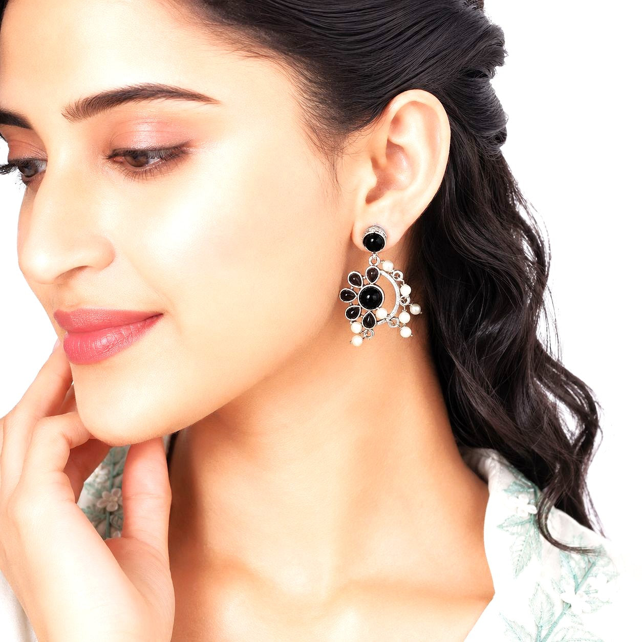 Raannii Earrings Black Stone Pearl Drop Oxidised Statement Earrings for Women
