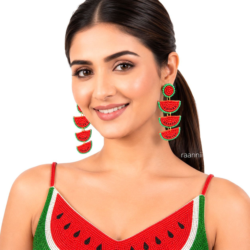 Raannii Watermelon Beaded Statement Earrings