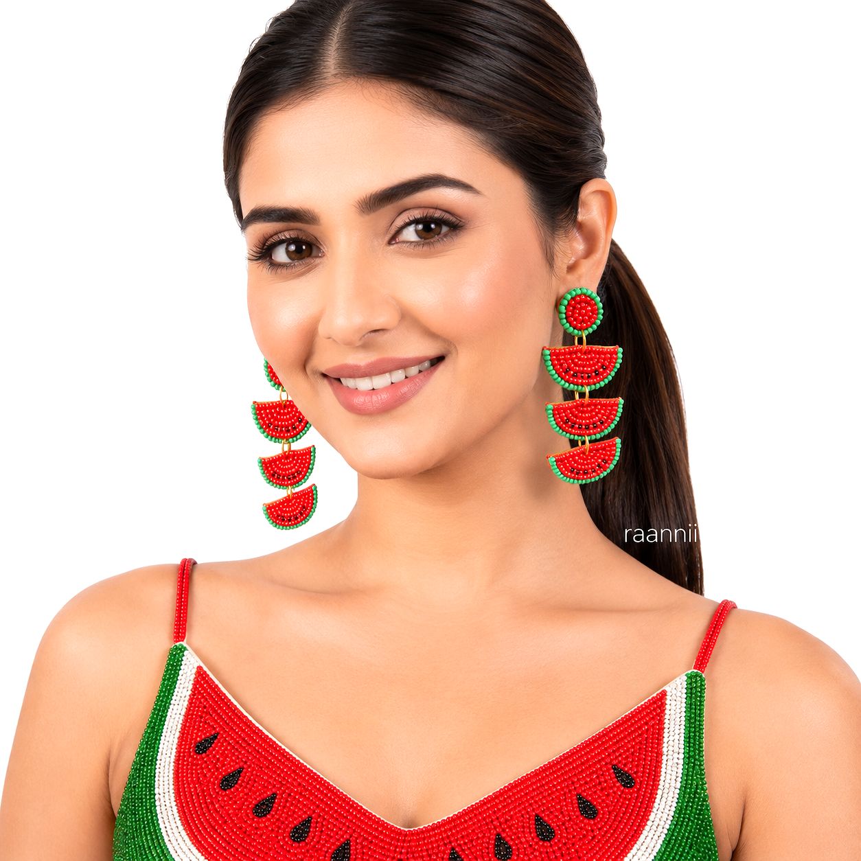Raannii Watermelon Beaded Statement Earrings