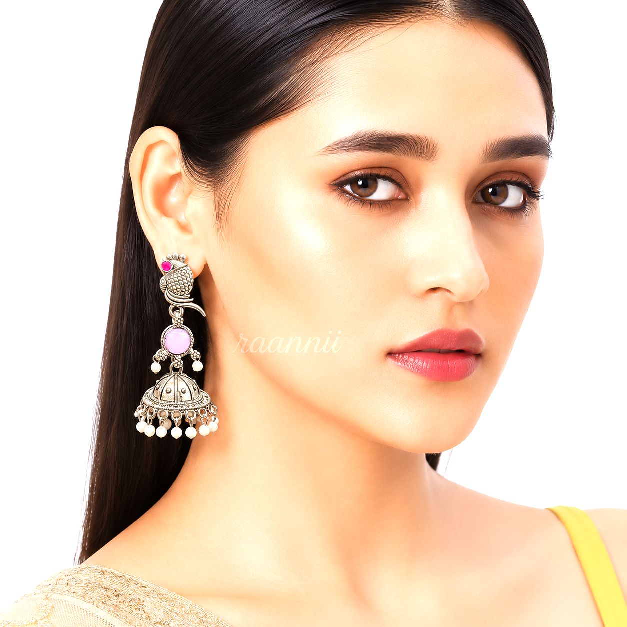 Raannii Earrings Purple Stone Bird Jhumka Pearl Drop Earrings for Women