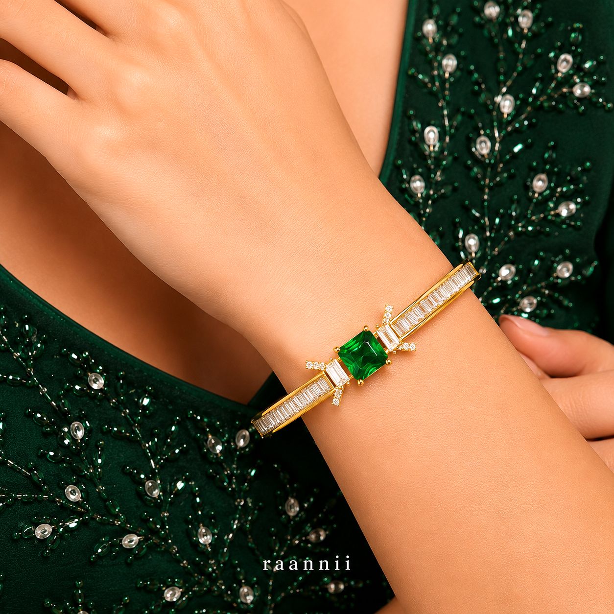 Raannii Bracelet Gold Plated Green Stone Crystal Party Wear Bracelet