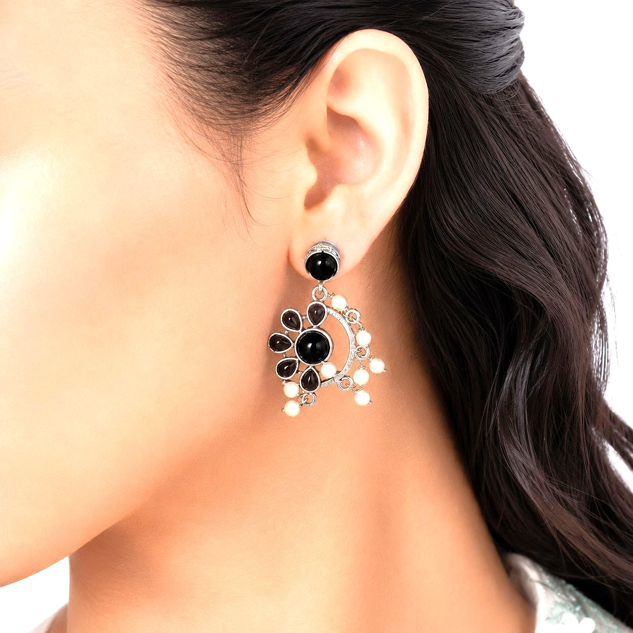 Raannii Earrings Black Stone Pearl Drop Oxidised Statement Earrings for Women