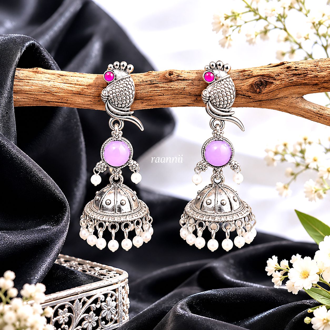 Raannii Earrings Purple Stone Bird Jhumka Pearl Drop Earrings for Women