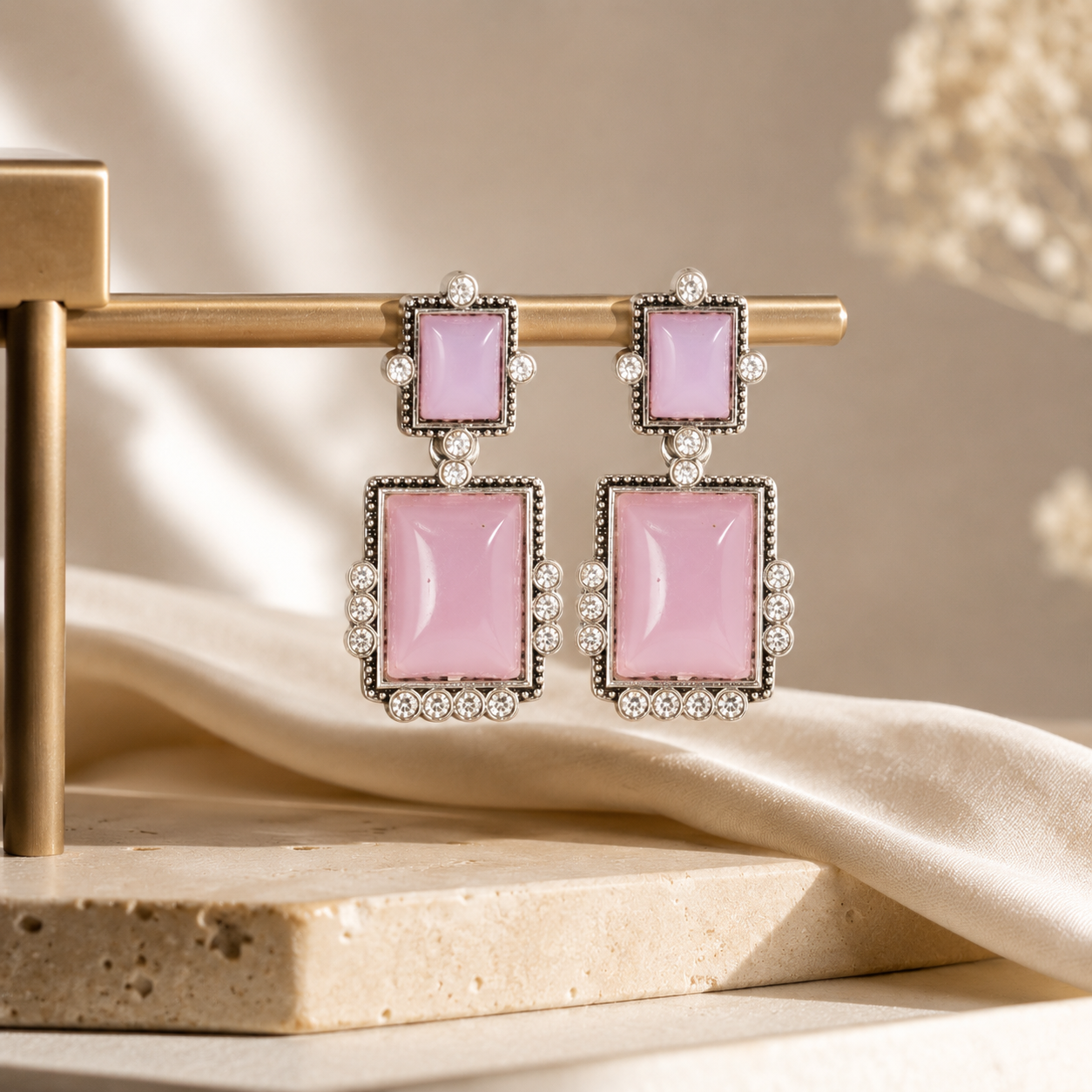 Raannii Earrings Pink Stone Rectangle Drop Earrings for Women