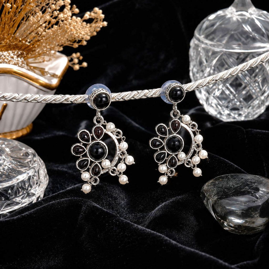Raannii Earrings Black Stone Pearl Drop Oxidised Statement Earrings for Women