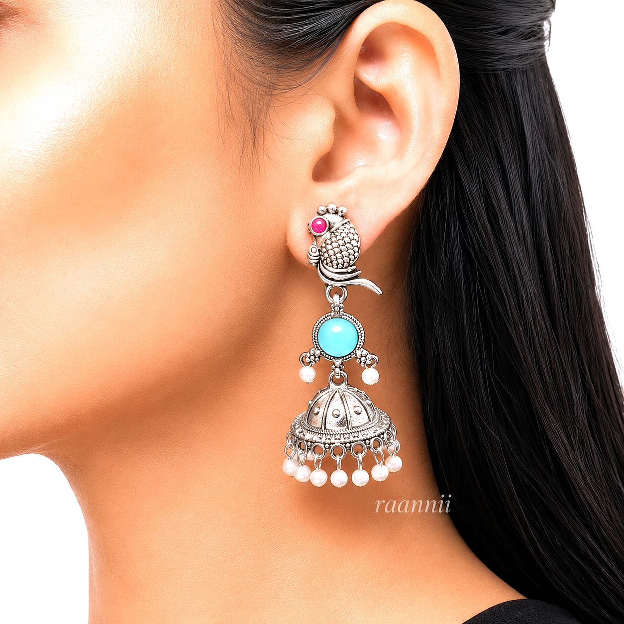 Raannii Earrings Purple Stone Bird Jhumka Pearl Drop Earrings for Women