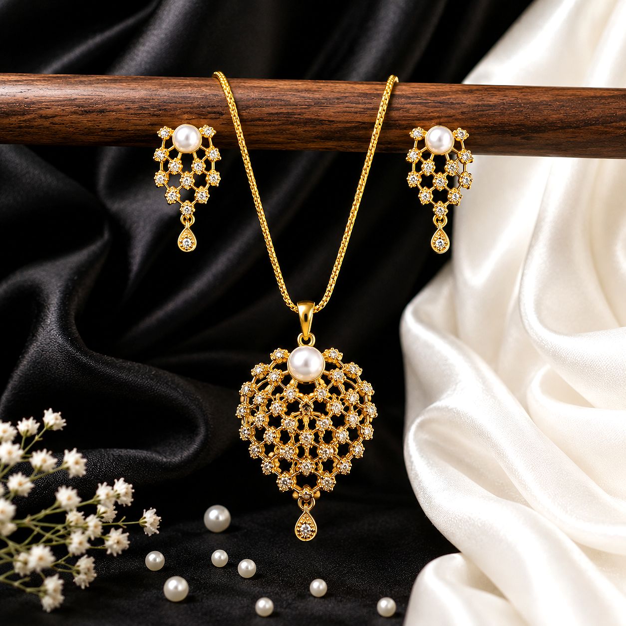 Raannii Jewelry Set Gold Plated Pearl Pendant Necklace and Drop Earrings for Women