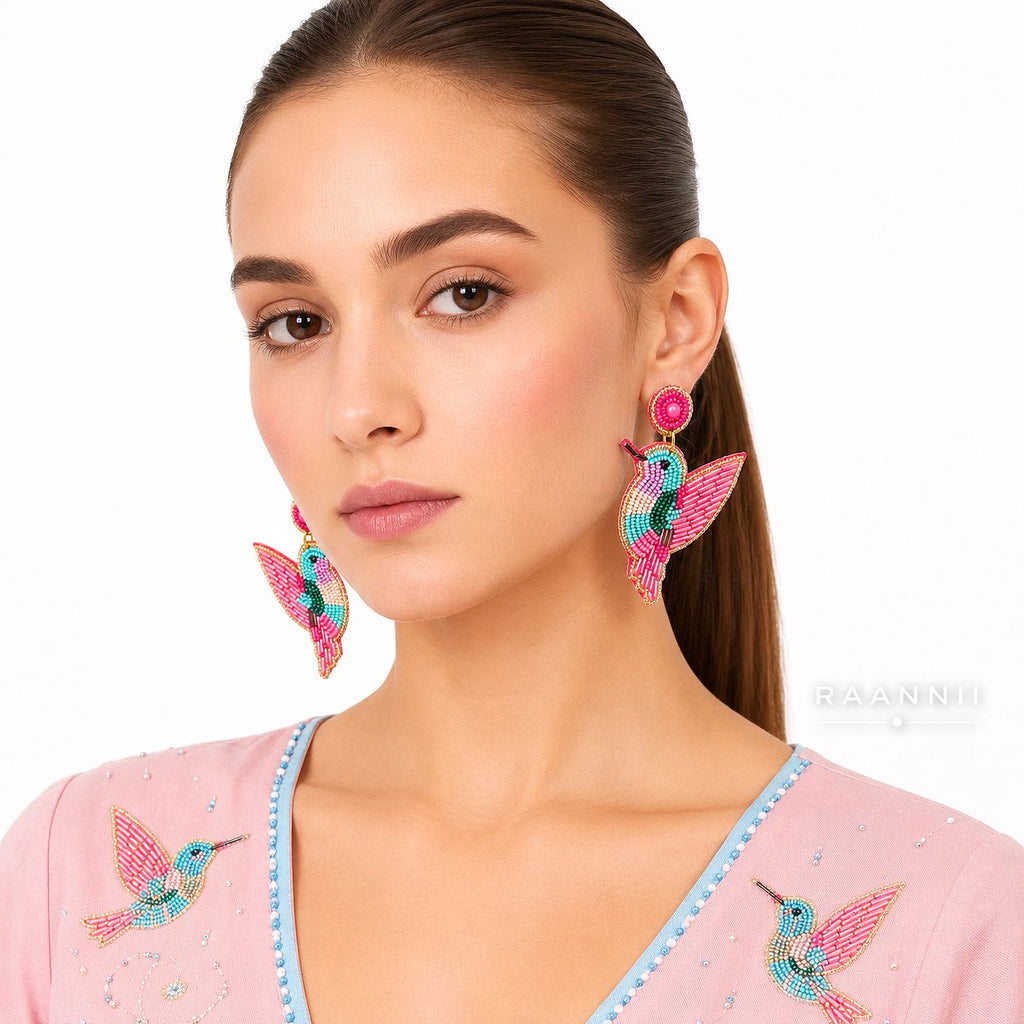 Raannii Pink Bird Beaded Statement Earrings