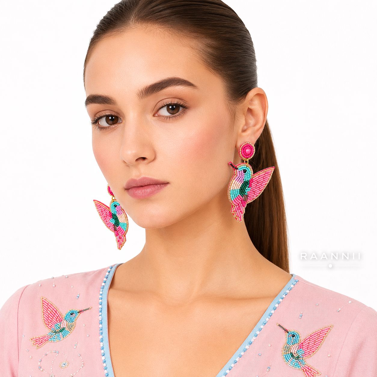Raannii Pink Bird Beaded Statement Earrings