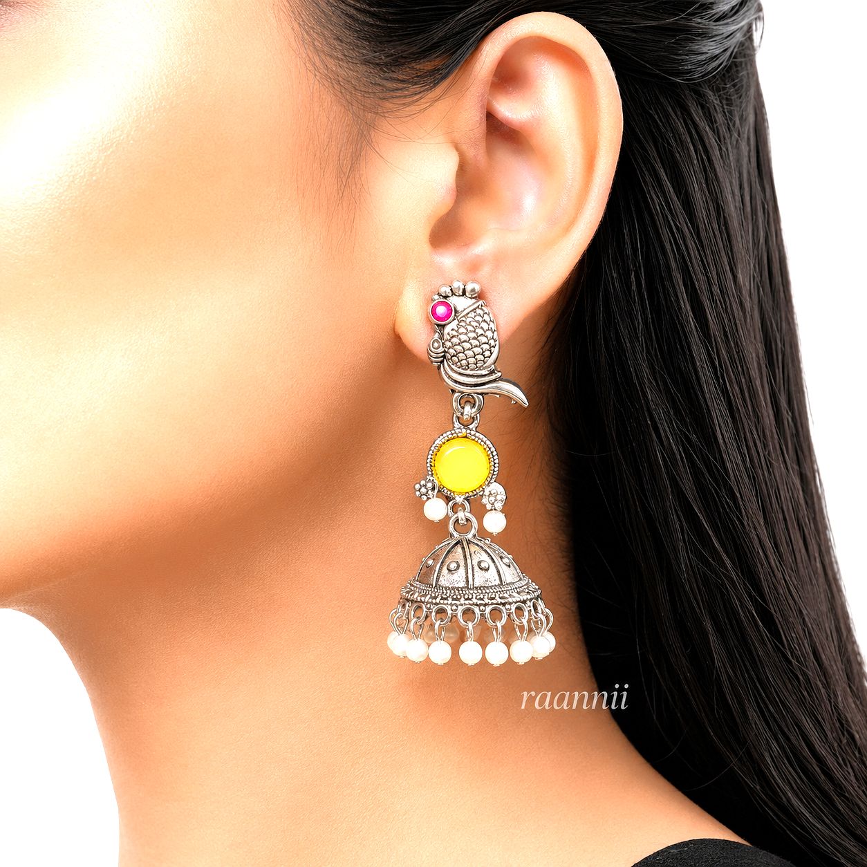 Raannii Earrings Purple Stone Bird Jhumka Pearl Drop Earrings for Women