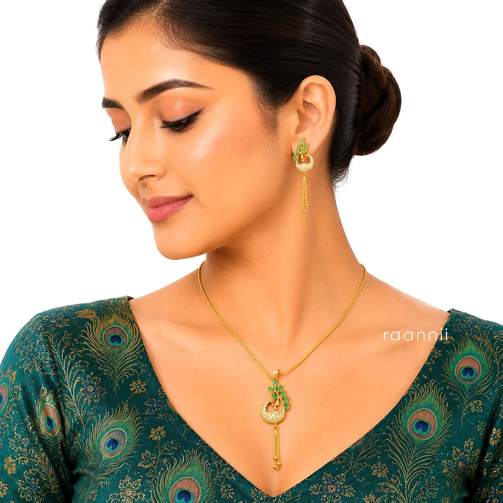 Raannii Jewelry Set Gold Plated Peacock Pendant Necklace and Drop Earrings for Women