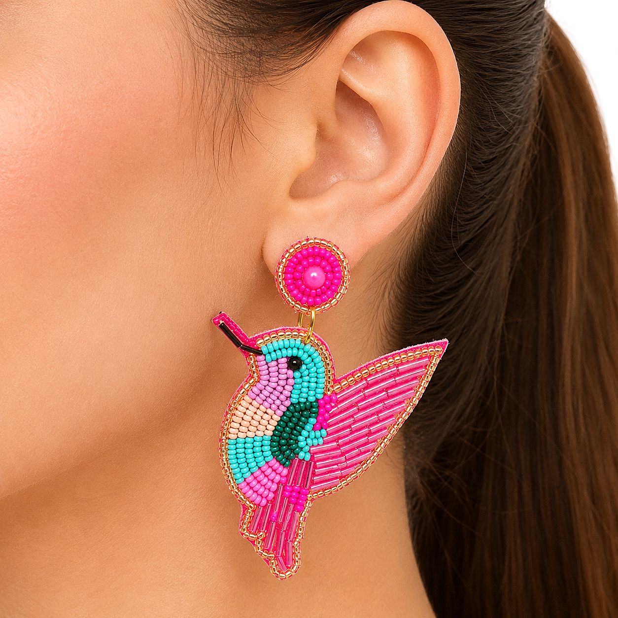 Raannii Pink Bird Beaded Statement Earrings