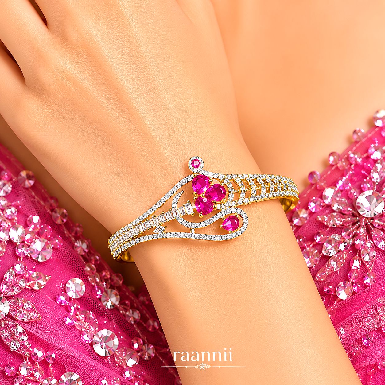 Raannii Bracelet Gold Plated Pink Stone Crystal Party Wear Bracelet for Women