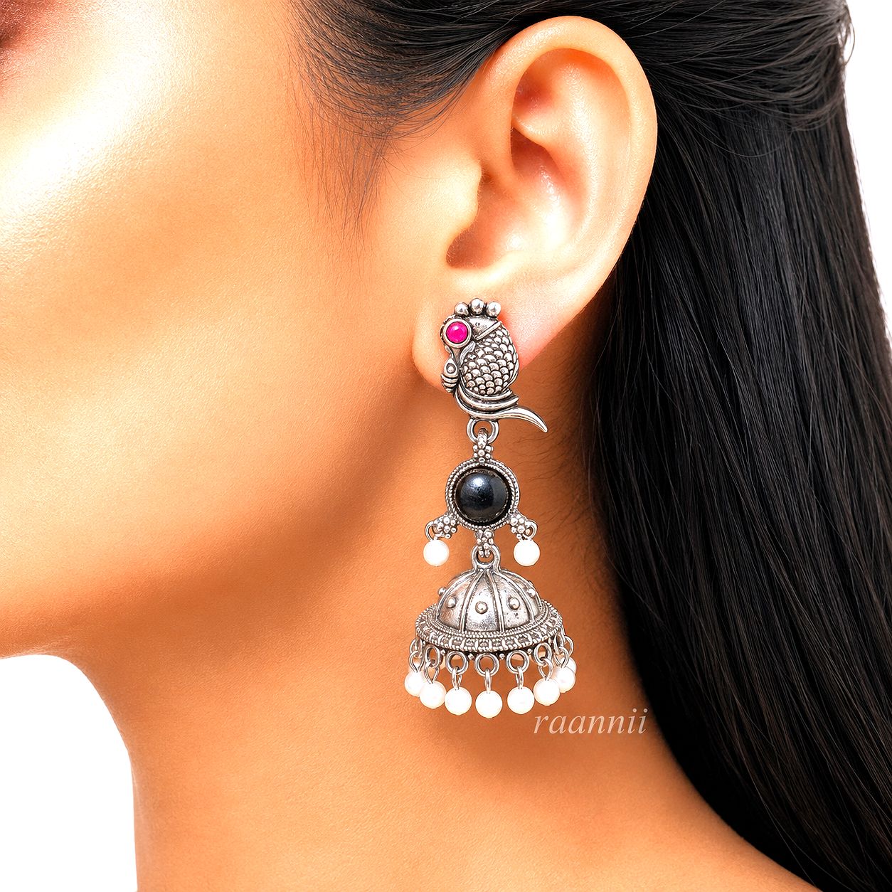 Raannii Earrings Purple Stone Bird Jhumka Pearl Drop Earrings for Women