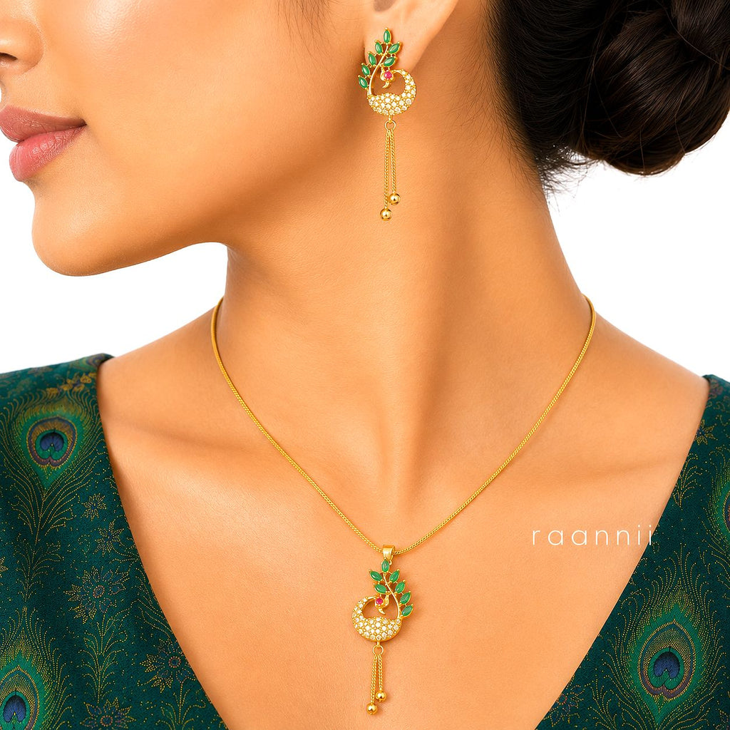 Raannii Jewelry Set Gold Plated Peacock Pendant Necklace and Drop Earrings for Women